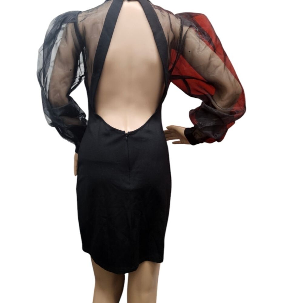 NBD Bao Dress in Black Sheer Puff Sleeves Open Back - Picture 4 of 8